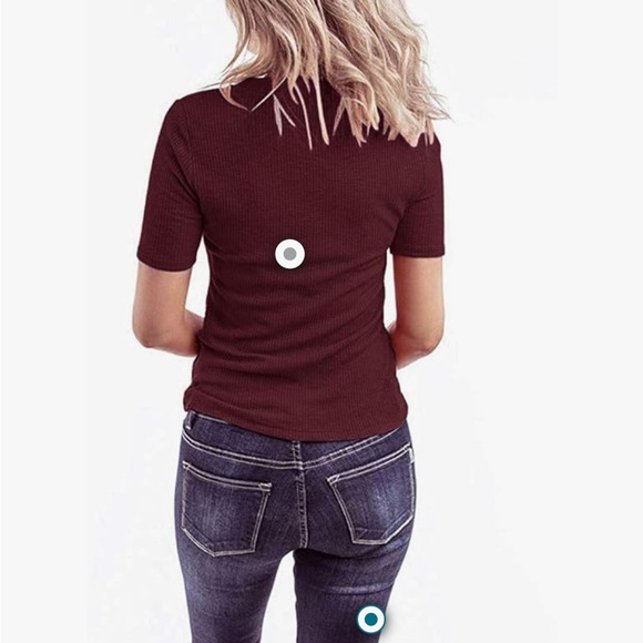 NWT MEROKEETY Women's Short Sleeve V Neck Ribbed Button Wine - Picture 3 of 6